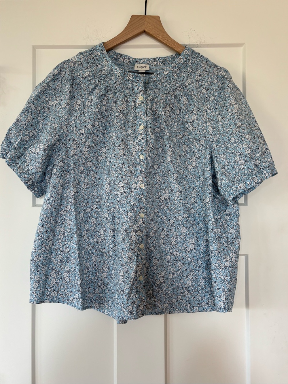 J. Crew Factory Plus Light Blue White Floral Button-Front Blouse Linen Blend 2X